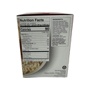 A nutrition facts label on a product box displays serving size, calories, and ingredient details, with a bowl of oatmeal visible at the bottom, indicating a healthy food option.