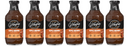 Five bottles of G. Hughes Maple Brown flavored BBQ sauce are lined up, each featuring a black cap and label highlighting "Zero Sugar," with details about calories and dietary information prominently displayed.