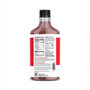 A clear bottle of maple-flavored syrup displays the nutrition facts and ingredients on the back, featuring a red label and a black cap, set against a simple background.