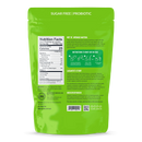 A green pouch of sugar-free probiotic matcha powder displays nutrition facts, preparation instructions, and a brief story about the brand's founder, emphasizing health benefits and enjoyment.