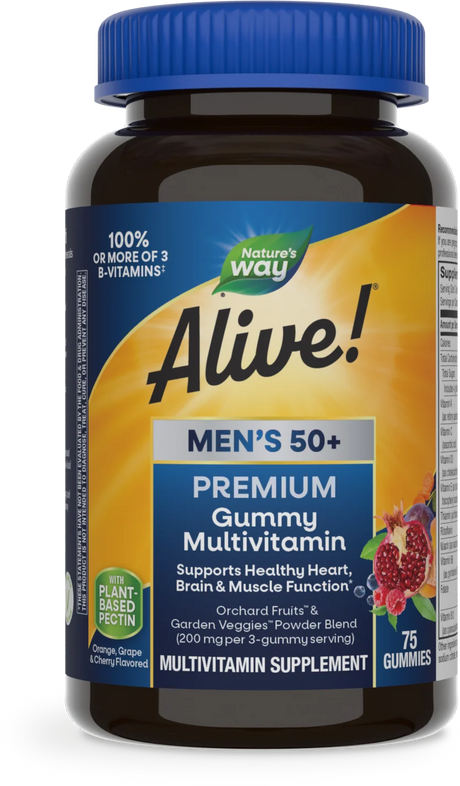 A dark bottle of Nature's Way Alive! Men's 50+ Premium Gummy Multivitamin, featuring a blue lid and colorful labels, highlights benefits for heart, brain, and muscle health with fruit flavors.