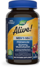 A dark bottle of Nature's Way Alive! Men's 50+ Premium Gummy Multivitamin, featuring a blue lid and colorful labels, highlights benefits for heart, brain, and muscle health with fruit flavors.