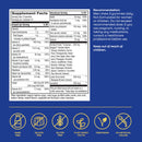 Nutritional supplement facts label for men's gummies, detailing ingredients, serving size, and daily value percentages, with a recommendation to chew three gummies daily and keep out of reach of children.