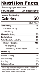 A nutrition facts label displays information for a product, including serving size, calories, and nutrient content, highlighting 10 servings with low fat and sugar.