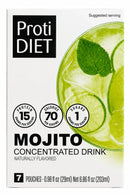 A box of ProtiDiet Mojito Concentrated Drink featuring a refreshing lime and mint design, highlighting 15 grams of protein, 70 calories, and 1 gram of sugar per serving, with seven pouches included.