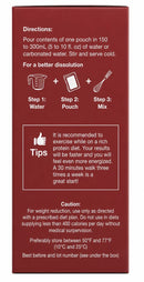 A red box displays directions for mixing a drink, including steps for adding water, a pouch, and stirring, along with tips for exercise and storage cautions related to a protein diet.