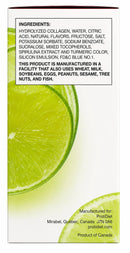 A close-up of a product box featuring sliced limes against a light green background, with ingredient details and manufacturing information printed on the side.