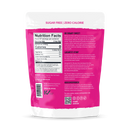 A pink packaging for a zero-calorie, sugar-free sweetener features nutrition facts, ingredients, and a brief story about Lakanto's founder, emphasizing health and wellness benefits.
