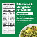 Green packaging displays "Edamame & Mung Bean Fettuccine" with a bowl of green pasta topped with vegetables, alongside a detailed nutrition facts label and ingredient list highlighting organic components.