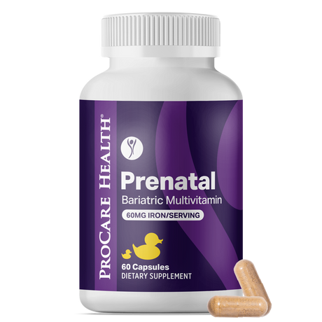 A white bottle labeled "Prenatal Bariatric Multivitamin" with a purple design contains 60 capsules, alongside two capsules placed on a black surface, emphasizing its dietary supplement purpose.