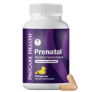 A white bottle labeled "Prenatal Bariatric Multivitamin" with a purple design contains 60 capsules, alongside two capsules placed on a black surface, emphasizing its dietary supplement purpose.