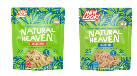 Two packages of Natural Heaven pasta, labeled "Angel Hair" and "Spaghetti," feature vibrant green backgrounds with tropical designs, highlighting their gluten-free and low-calorie attributes.