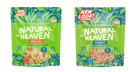 Two packages of Natural Heaven pasta, labeled "Angel Hair" and "Spaghetti," feature vibrant green backgrounds with tropical designs, highlighting their gluten-free and low-calorie attributes.