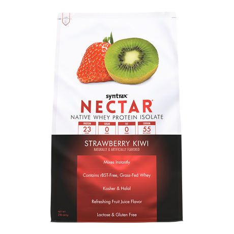 A package of Syntrax Nectar native whey protein isolate in Strawberry Kiwi flavor features images of a strawberry and a kiwi, highlighting its nutritional benefits and flavor profile.