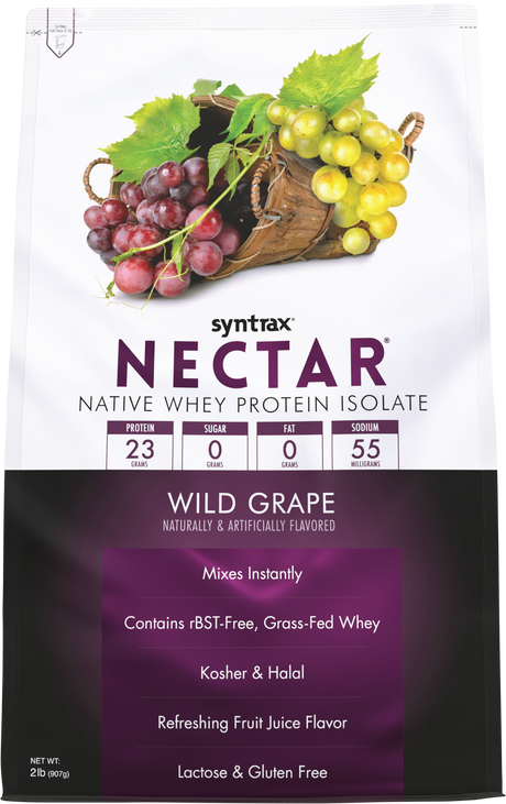 A bag of Syntrax Nectar Wild Grape protein powder features a basket of red and green grapes, highlighting its protein content, flavor, and dietary information.