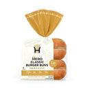 A clear plastic bag contains eight golden-brown classic burger buns, labeled "Hero Classic Burger Buns," highlighting nutritional information and made with olive oil.
