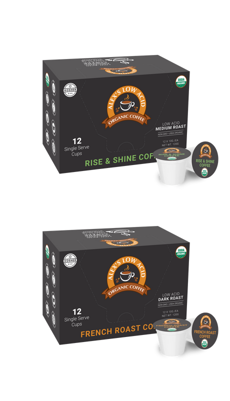 Two boxes of Alex's Low Acid Organic Coffee are displayed, one labeled "Rise & Shine Coffee" in medium roast and the other "French Roast Coffee" in dark roast, each containing 12 single-serve cups.