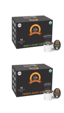 Two boxes of Alex's Low Acid Organic Coffee are displayed, one labeled "Rise & Shine Coffee" in medium roast and the other "French Roast Coffee" in dark roast, each containing 12 single-serve cups.