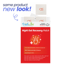 A colorful packaging for PatchAid's "Night Out Recovery Patch" features a graphic of a person with a headache, highlighting benefits and ingredients, with a note about its new look.