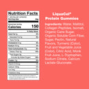 Nutrition facts label for LiquaCel® Protein Gummies, detailing serving size, calories, and ingredients including collagen peptides and organic sugars, set against a bright pink background.