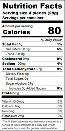 A nutrition facts label displays information for a product, including serving size, calories, total fat, carbohydrates, sugars, and vitamins, with clear percentages of daily values.