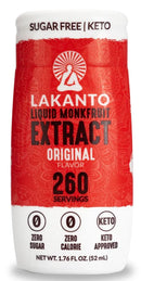 A bottle of Lakanto Liquid Monkfruit Extract in a red design, labeled "Original Flavor," highlights its sugar-free and keto-friendly attributes, with a capacity of 52 mL and 260 servings.