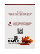 A white box featuring "ProtiDIET Maple Flavored Syrup," with cooking directions, tips for exercise, and a QR code, alongside an image of a maple leaf and syrup.