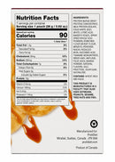 Nutrition facts label for a protein product, detailing serving size, calories, and nutrient content, with ingredients listed on the right side, set against a background featuring a pancake and syrup.