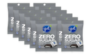 A row of York Zero Sugar Peppermint Patties packaging, featuring a gray design with the brand logo and product information, emphasizing that the candy is aspartame-free and contains 80 calories per serving.