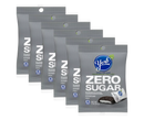 Six packages of York Zero Sugar Peppermint Patties are displayed, featuring a gray design with blue and white text, highlighting that they are aspartame-free and contain 80 calories per serving.