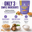 A colorful product display features Lakanto Peanut Butter Powder packaging alongside roasted peanuts, monk fruit, and sea salt, highlighting the three simple ingredients and their benefits.