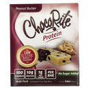 A multi-pack box of ChocoRite peanut butter protein bars features a creamy peanut butter scoop and a bar with chocolate chips, highlighting low calories, protein content, and no added sugar.