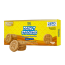 A box of ChocZero Peanut Stackers, gluten-free peanut butter crème cookies, is displayed with several cookies stacked in front, featuring bright yellow packaging and bold blue text.