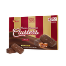 A box of ChocZero Pecan Caramel Clusters features milk chocolate bars with visible caramel and pecan filling, labeled as gluten-free, keto-friendly, and containing zero sugar added.