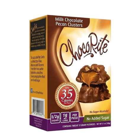 A box of ChocoRite Milk Chocolate Pecan Clusters displays the product name and nutritional information, highlighting that each piece contains only 35 calories and has no added sugar.