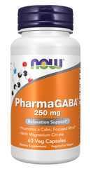 A white bottle of PharmaGABA dietary supplement with an orange label, featuring "250 mg" and "Relaxation Support," alongside a molecular graphic, indicating it's vegetarian and contains 60 veg capsules.