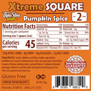 A nutrition label for ThinSlim Foods' Xtreme Square Pumpkin Spice, detailing serving size, calories, and nutritional content, with a gluten-free guarantee and a satisfaction promise.