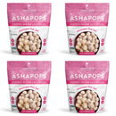 Four bags of Ashapops Popped Water Lily Seeds are displayed, featuring a pink design and a label that highlights Himalayan pink salt, with details about calories and vegan ingredients.