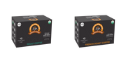 Two boxes of Alex's Low Acid Organic Coffee are displayed side by side, featuring Decaf Coffee and French Roast Coffee, each containing 12 single-serve cups and labeled with organic certifications.