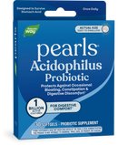 A blue box of Nature's Way Pearls Acidophilus Probiotic, featuring text about digestive comfort, contains 30 softgels and highlights 1 billion active cultures, labeled as easy to swallow.