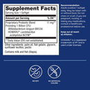 A supplement facts label details the ingredients and serving size for a probiotic softgel, highlighting its components, usage recommendations, and allergen information.