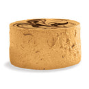 A cappuccino mini cheesecake with a chocolate swirl on top.