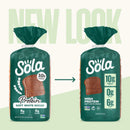 Two packages of Sola bread are shown side by side, one labeled "Protein" and the other "High Protein," with a "NEW LOOK" text in the background highlighting the updated design.