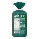 A green bag of Sola bread displays nutrition facts, highlighting its low calorie count, high protein content, and benefits of complete proteins, with a message encouraging healthy eating.