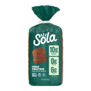 A green package of Sola high protein soft white bread displays nutritional highlights, including 10 grams of complete protein, 0 grams of sugar, and 6 grams of fiber per serving.