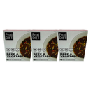 Three boxes of ProtiDIET Beef & Vegetable soup mix are displayed, each featuring a bowl of soup on the front with colorful vegetables, highlighting protein content and serving suggestions.