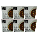 Six boxes of ProtiDIET Beef & Vegetable soup mix are stacked together, each labeled with nutritional information and serving suggestions, showcasing a hearty, naturally flavored meal option.