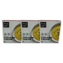 Three boxes of ProtiDIET Chicken Cream Soup Mix are displayed, each featuring a bowl of creamy soup with herbs, highlighting nutritional information and serving suggestions on the packaging.
