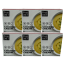 Six boxes of ProtiDIET Chicken Cream Soup Mix are stacked together, each featuring a bowl of creamy soup on the front, with nutritional information and serving suggestions displayed prominently.