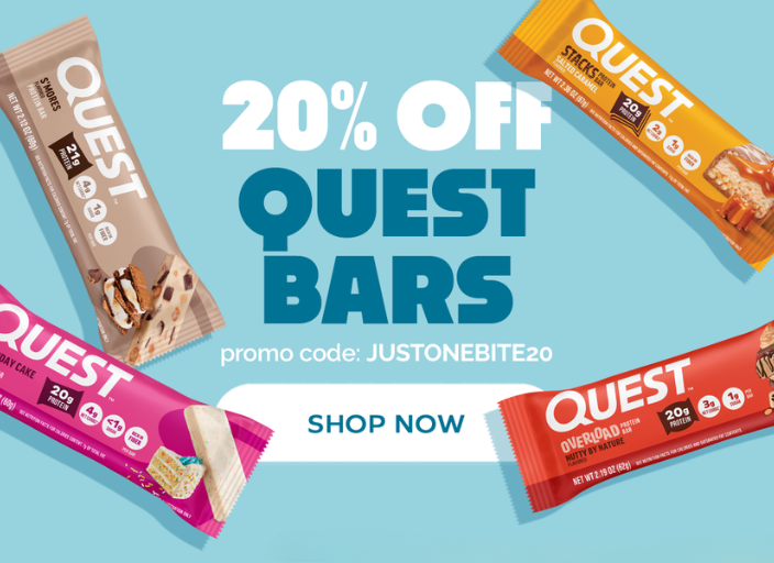 Four Quest protein bars are displayed on a light blue background, promoting a 20% discount with the code "JUSTONEBITE20," encouraging viewers to shop now.